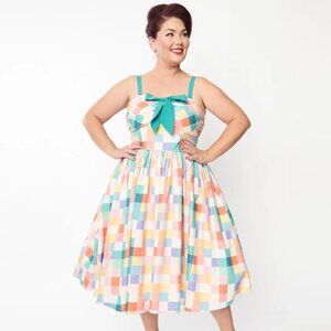Unique Vintage Pastel Rainbow Checkered Golightly Flare Dress Size 1X/ US16